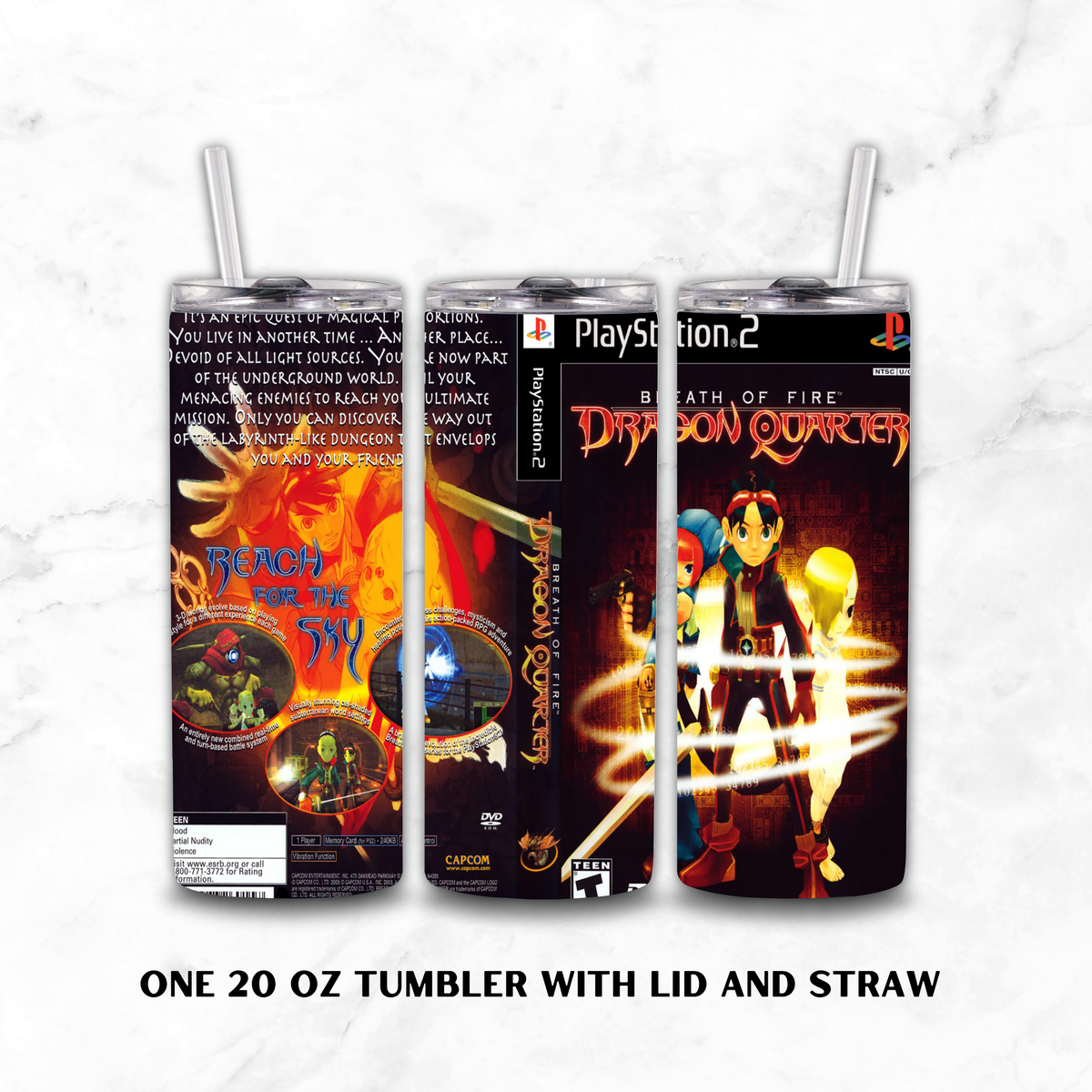 Three views of a 20 oz tumbler with lid and straw, wrapped in a custom PlayStation 2 'Breath of Fire: Dragon Quarter' themed wrap, shown on a white marble background.