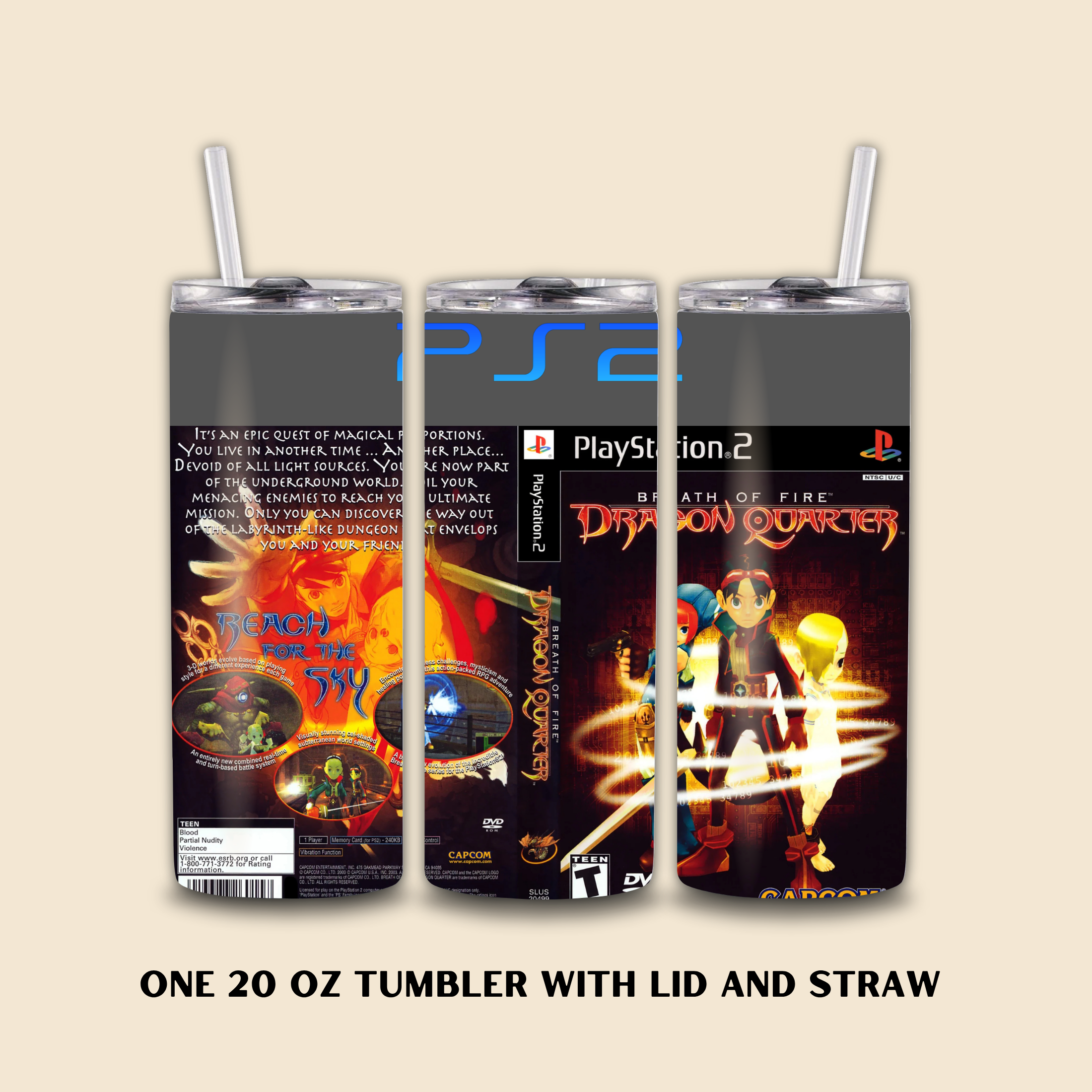 Three 20 oz tumblers with Breath of Fire-themed designs on a beige background.