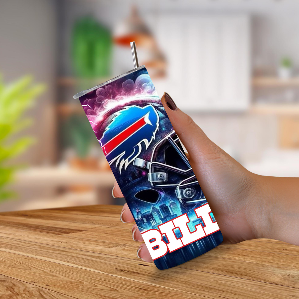 Hand holding a Buffalo Bills 20oz custom tumbler.
