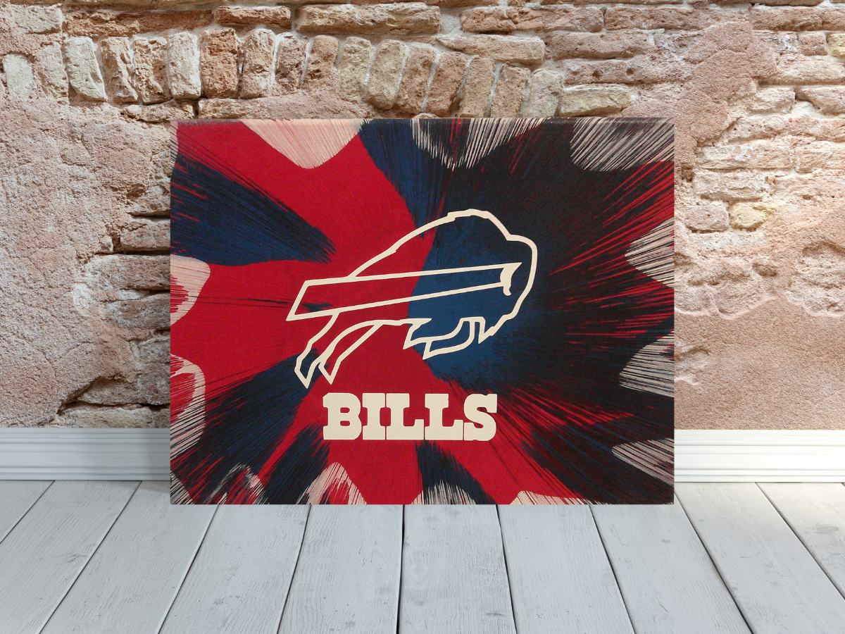 Buffalo Bills Spin Art canvas wall art leaning on a brick wall. 