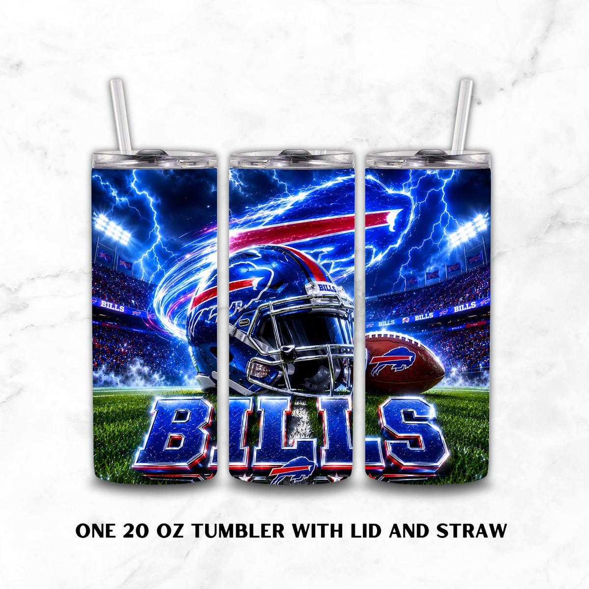 Three Buffalo Bills 20oz custom tumblers with a white background.