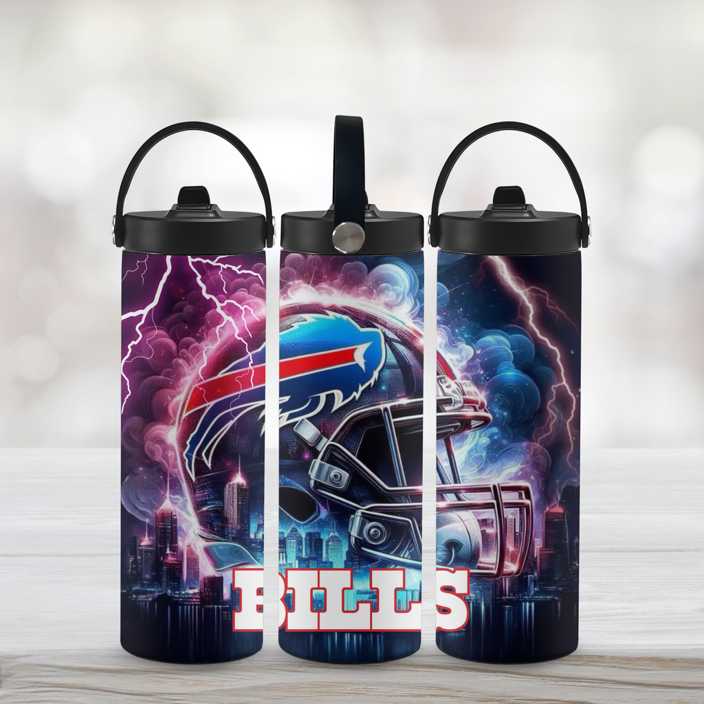 Three Buffalo Bills 20oz custom Sports Water Bottles on a white background image.