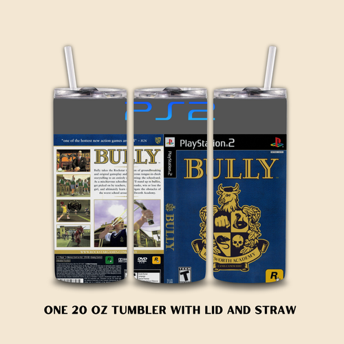 Tumbler with lid and straw featuring 'Bully' game cover design on a beige background