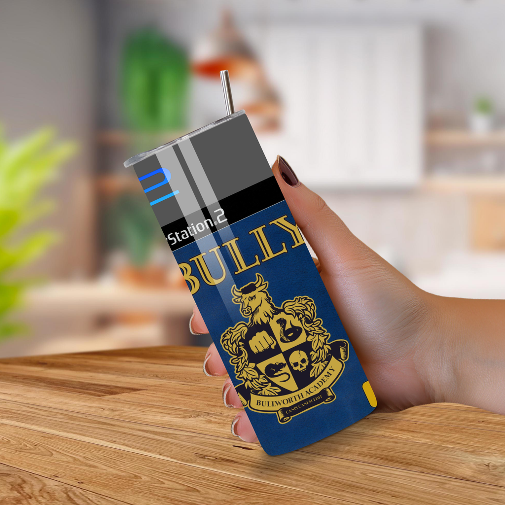 Hand holding a 20oz tumbler with a bully theme