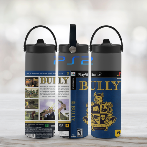 three sports water bottle with a bully theme