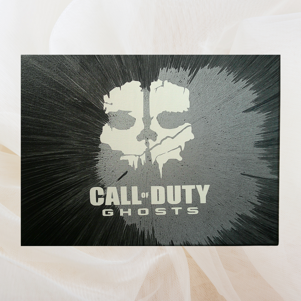 Call of Duty spin art canvas on a beige background
