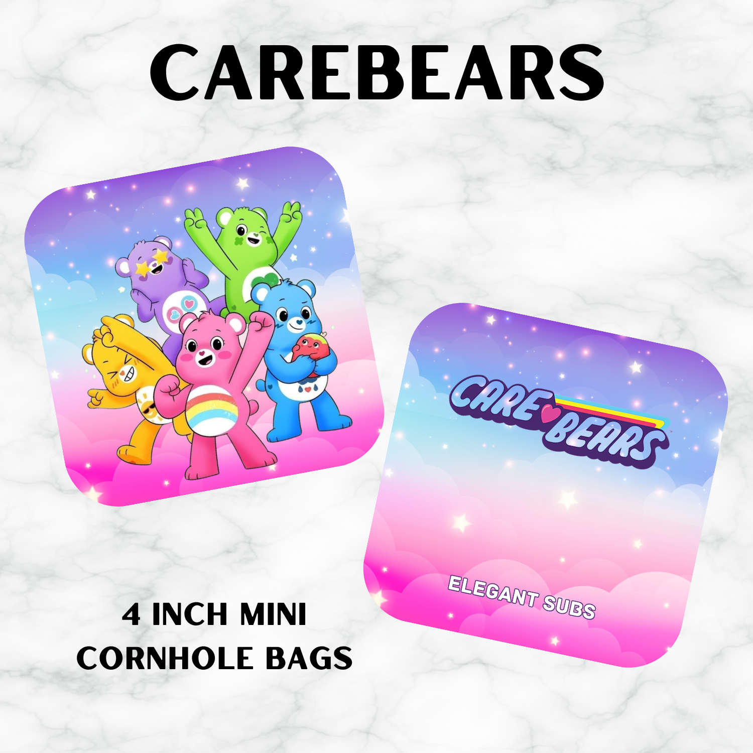 Two Care Bears cornhole bags with the Care Bears logo on a white background.