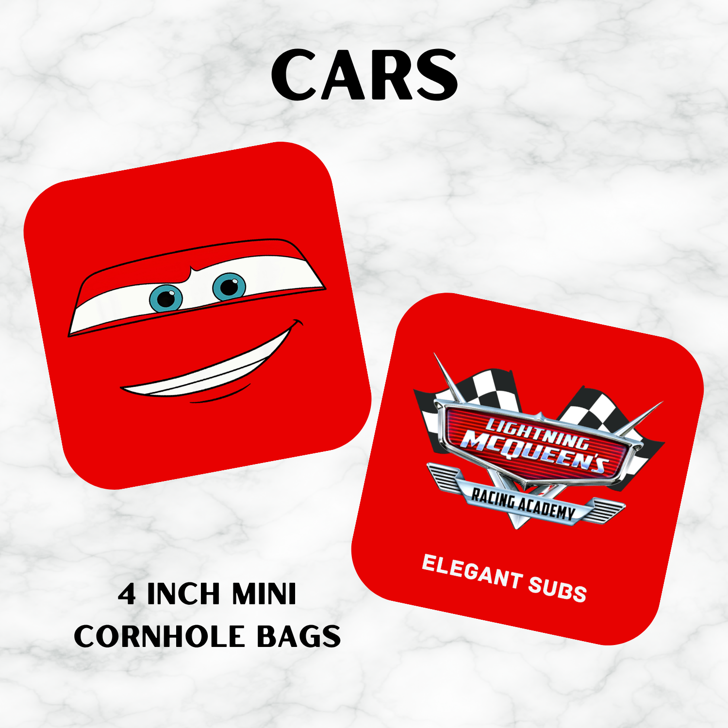 Two red mini cornhole bags with rounded corners on a white marble background. One bag features a cartoon face inspired by Disney's Cars, and the other features the Lightning McQueen Racing Academy logo.