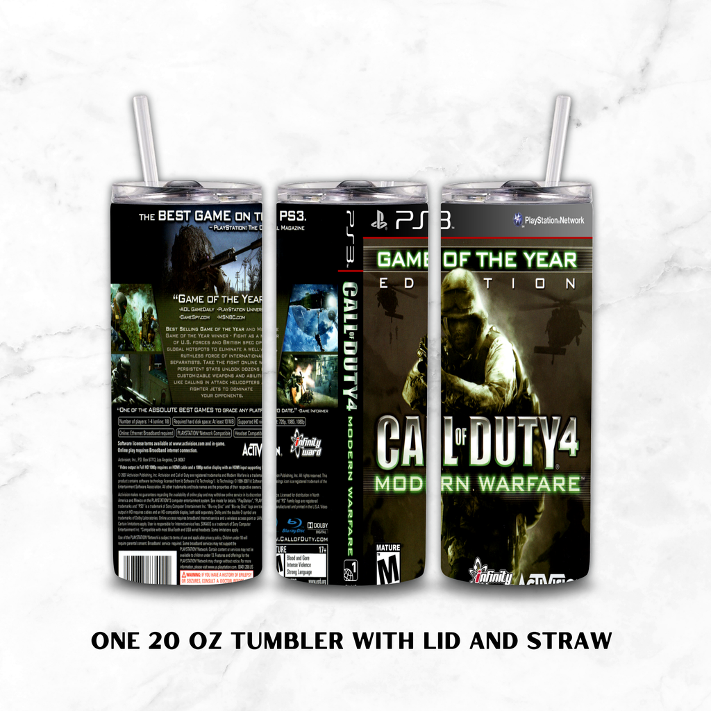 Three views of a 20 oz stainless steel tumbler with lid and straw, printed with Call of Duty 4 Modern Warfare PS3 Game of the Year Edition artwork, on a white marble background.