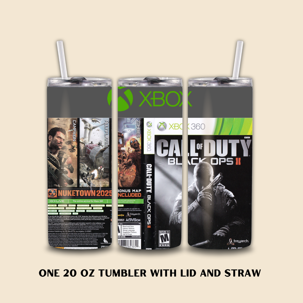 Tumbler with 'Call of Duty: Black Ops II' design featuring Xbox branding on a beige background.