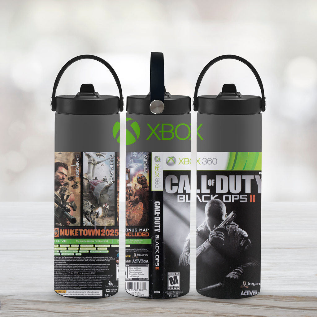Three sports water bottles with Xbox and Call of Duty Black Ops II designs on a light background
