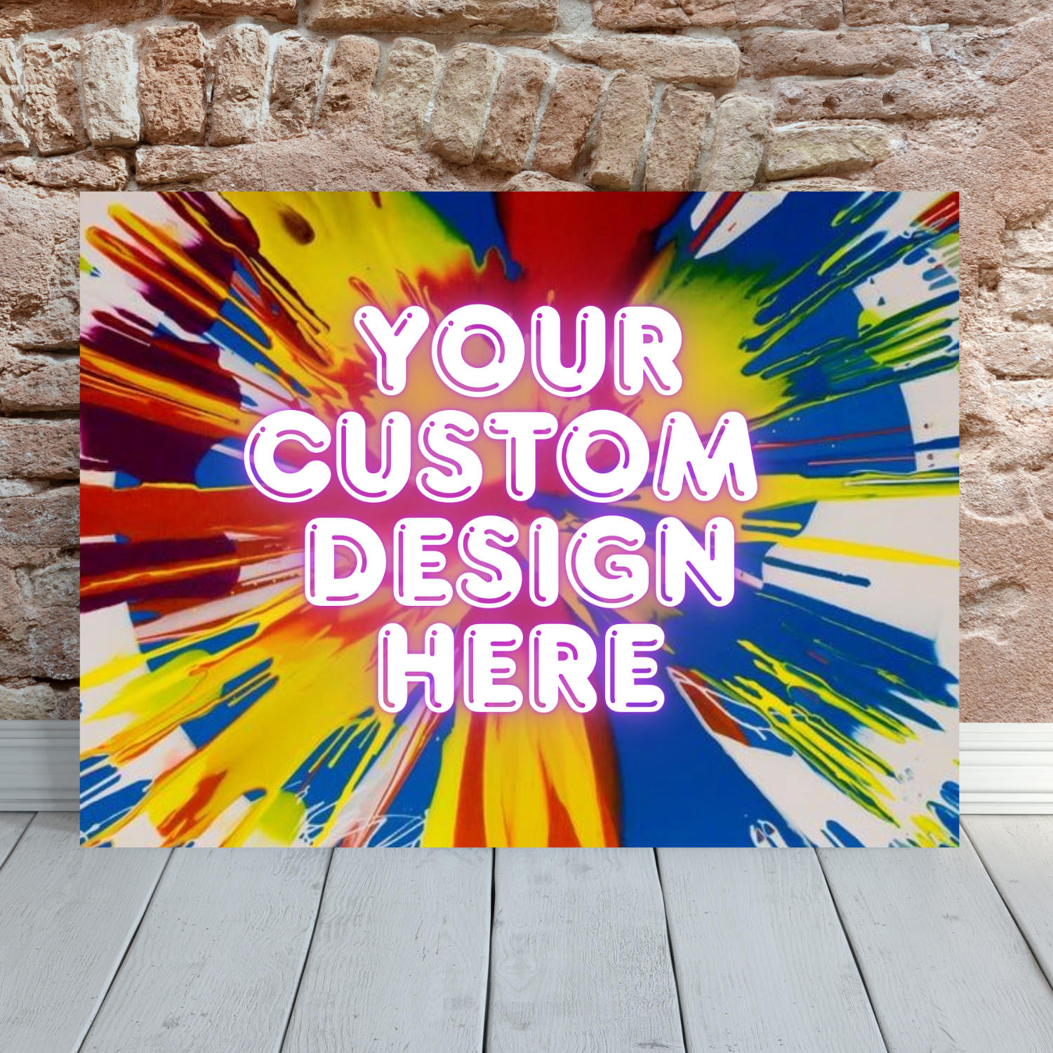 Custom designed spin art canvas against a brick wall.