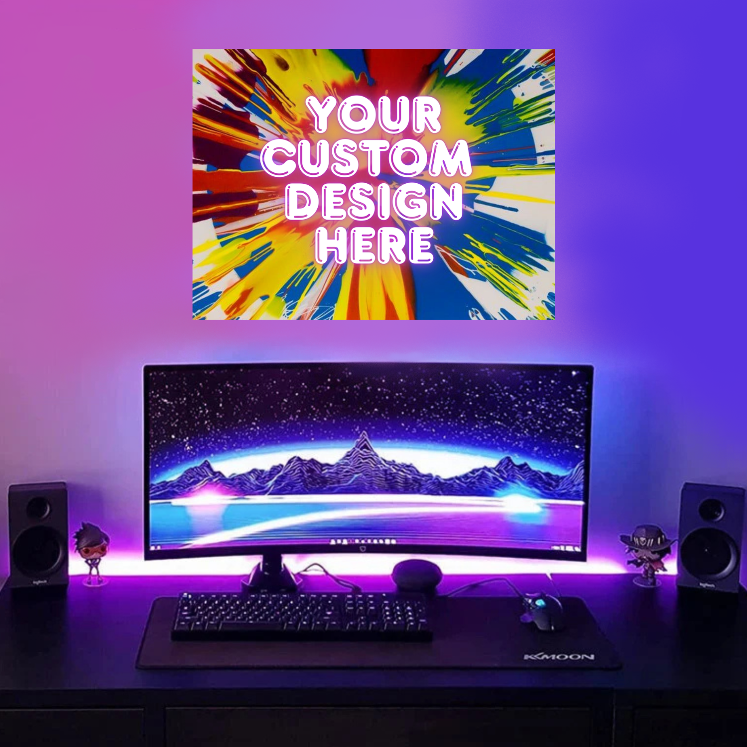 Modern desk setup with a computer monitor displaying a mountain landscape, keyboard, and speakers, with a colorful custom spin art canvas on the wall above.