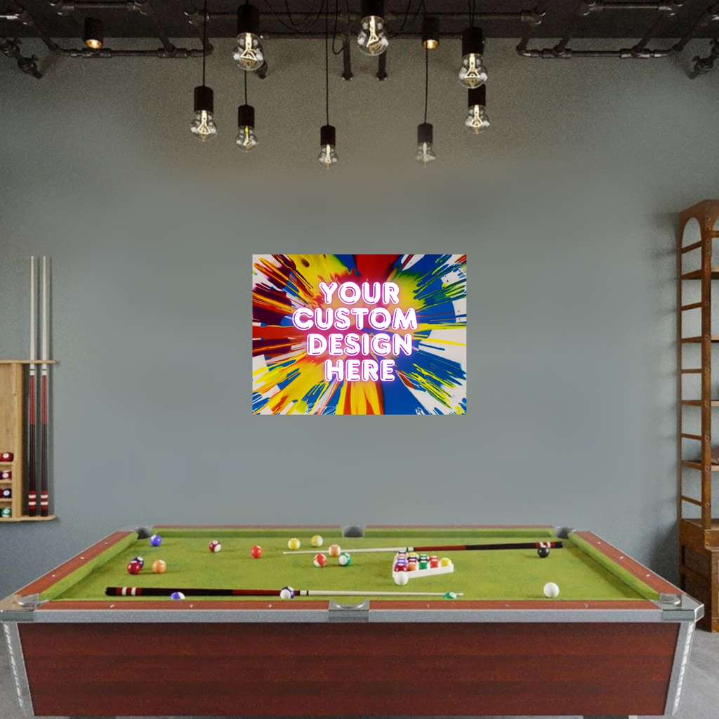Pool table with a colorful abstract spin art canvas on the wall above it, featuring text 'Your Custom Design Here'.