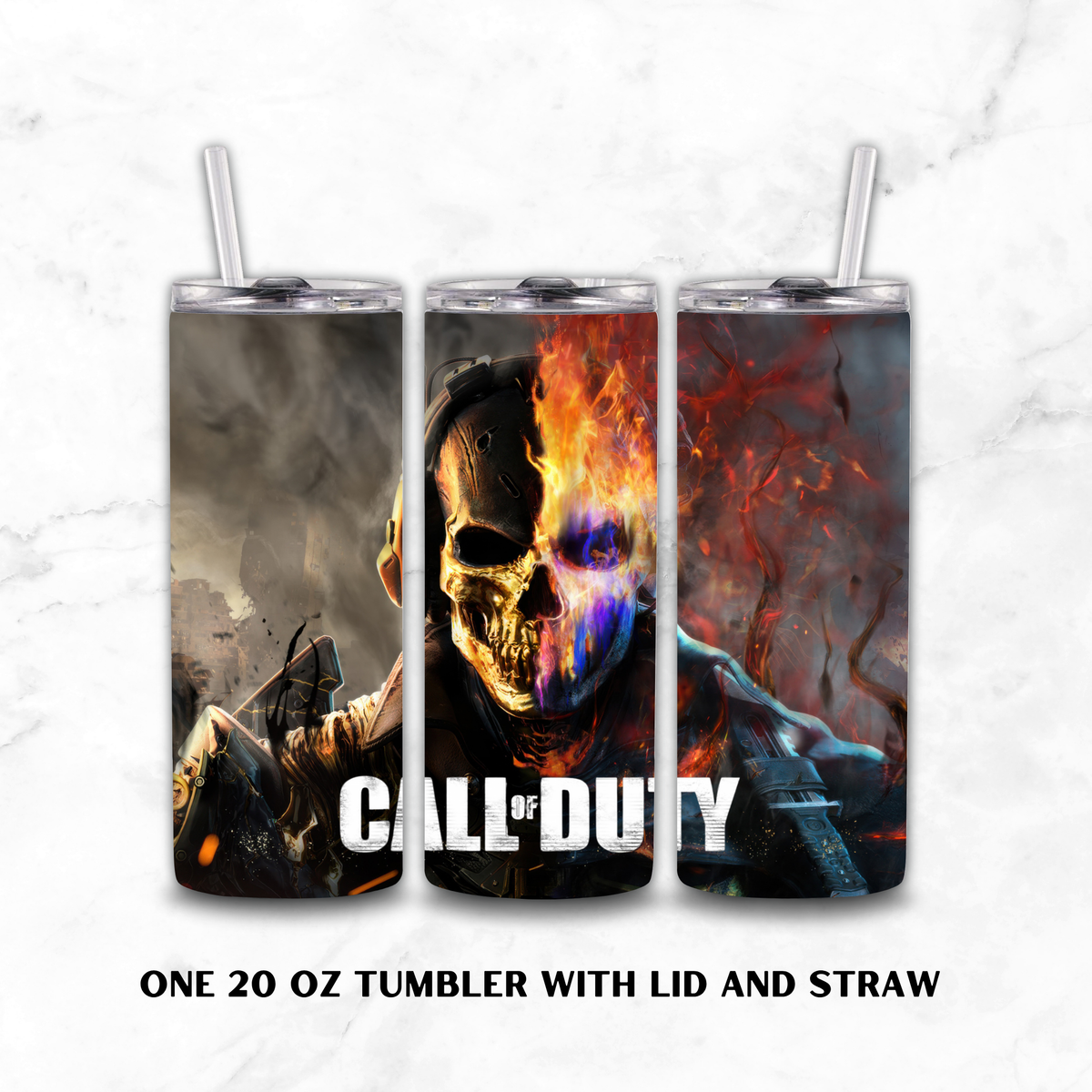 Three tall 20 oz skinny tumblers with lids and clear straws, shown side by side on a white marble background. The tumblers feature a Call of Duty themed graphic with a skull and fiery red/orange artwork.