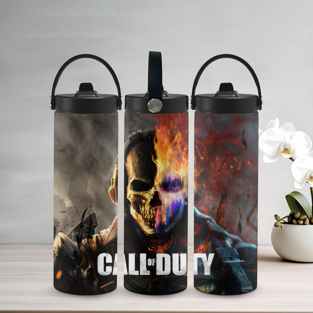 Three 'Call of Duty' themed water bottles on a light surface with a neutral background.