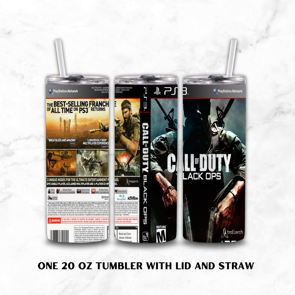 Three views of a 20 oz tumbler with lid and straw, featuring Call of Duty: Black Ops game artwork and PlayStation 3, shown on a light marble background with text reading 'ONE 20 OZ TUMBLER WITH LID AND STRAW'.