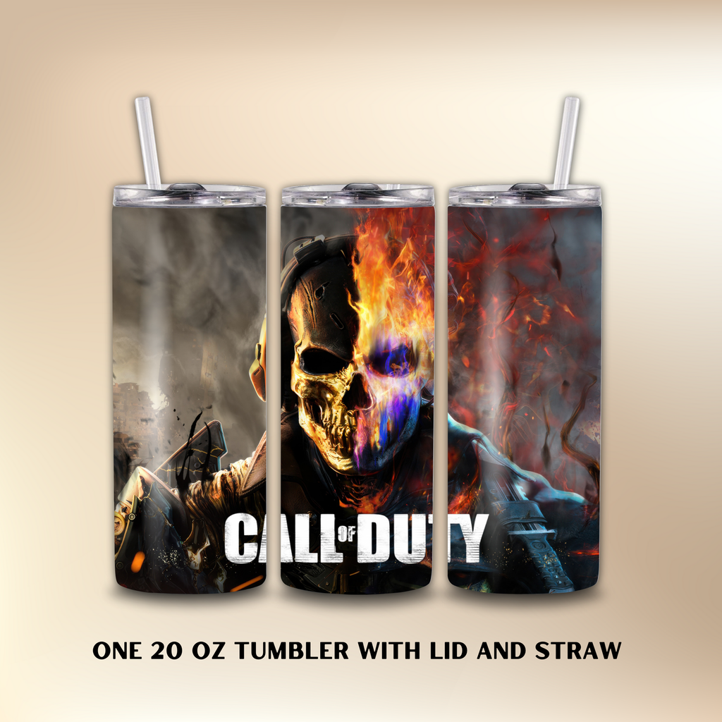 Three 'Call of Duty' themed tumblers with a colorful skull design on a beige background.