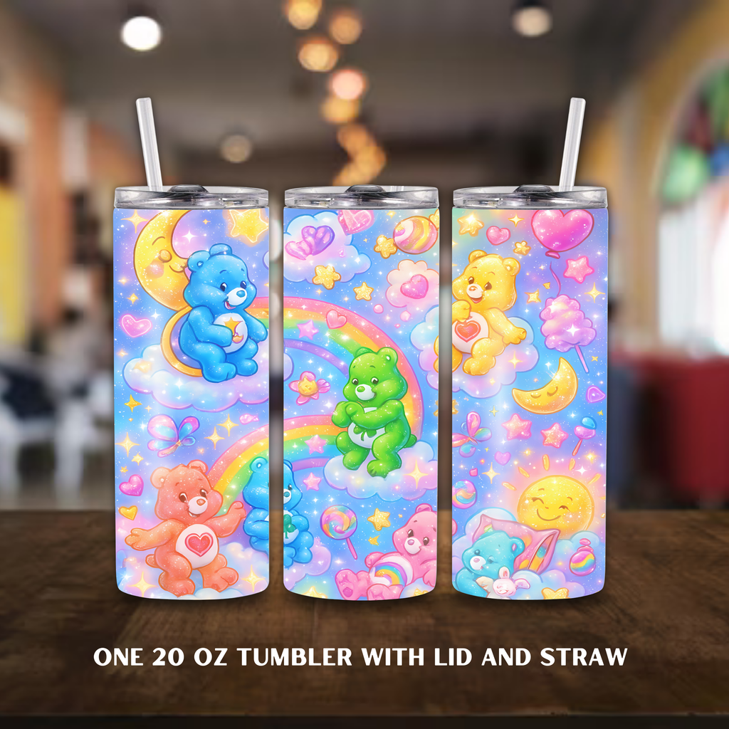 Three colorful tumblers with lids and straws featuring Care bears cartoon characters on a wooden surface.