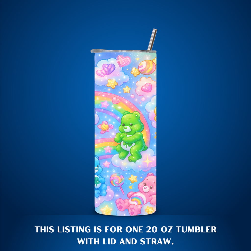 Colorful tumbler with a green Care bear character, rainbow, and stars on a blue background.