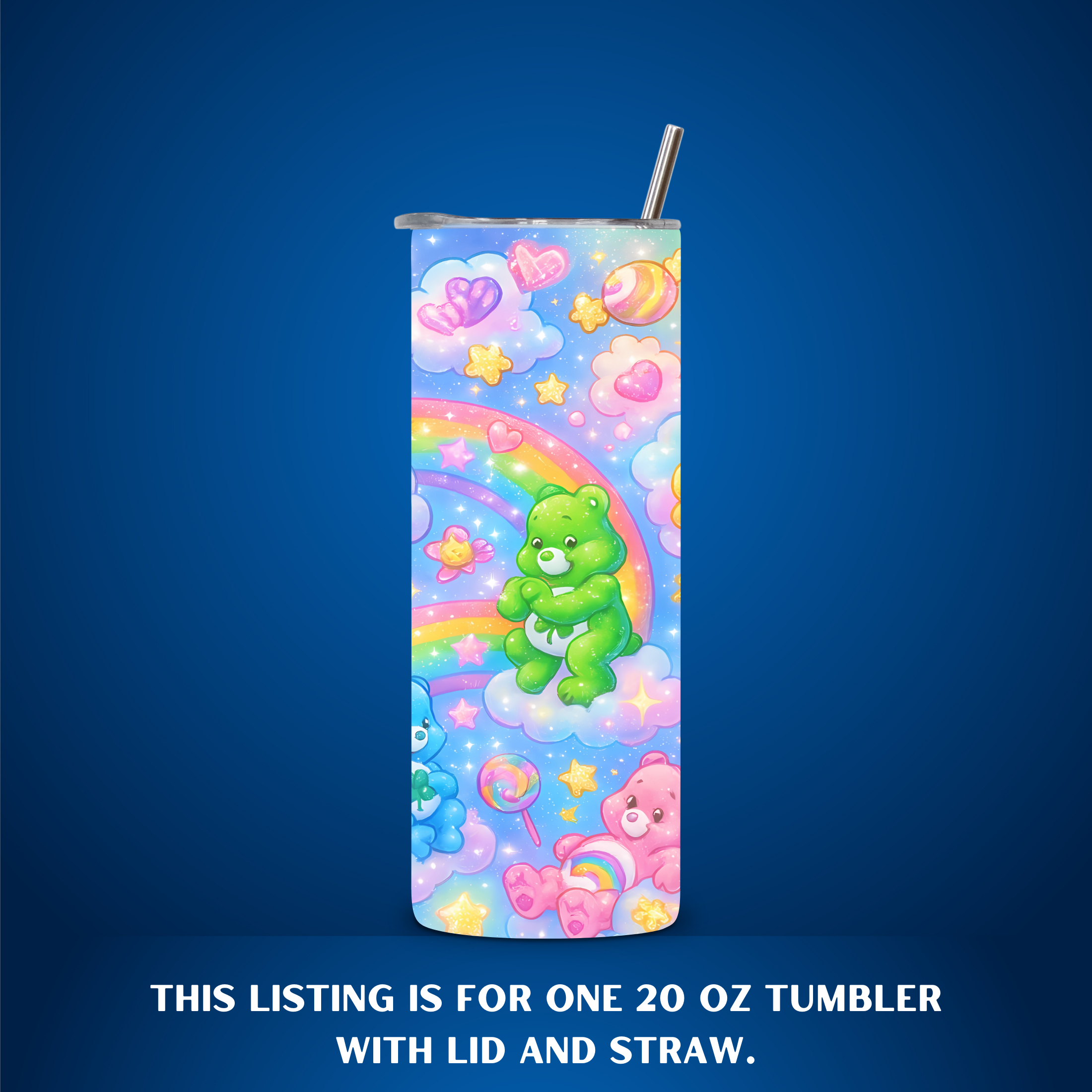 Colorful tumbler with a green Care bear character, rainbow, and stars on a blue background.