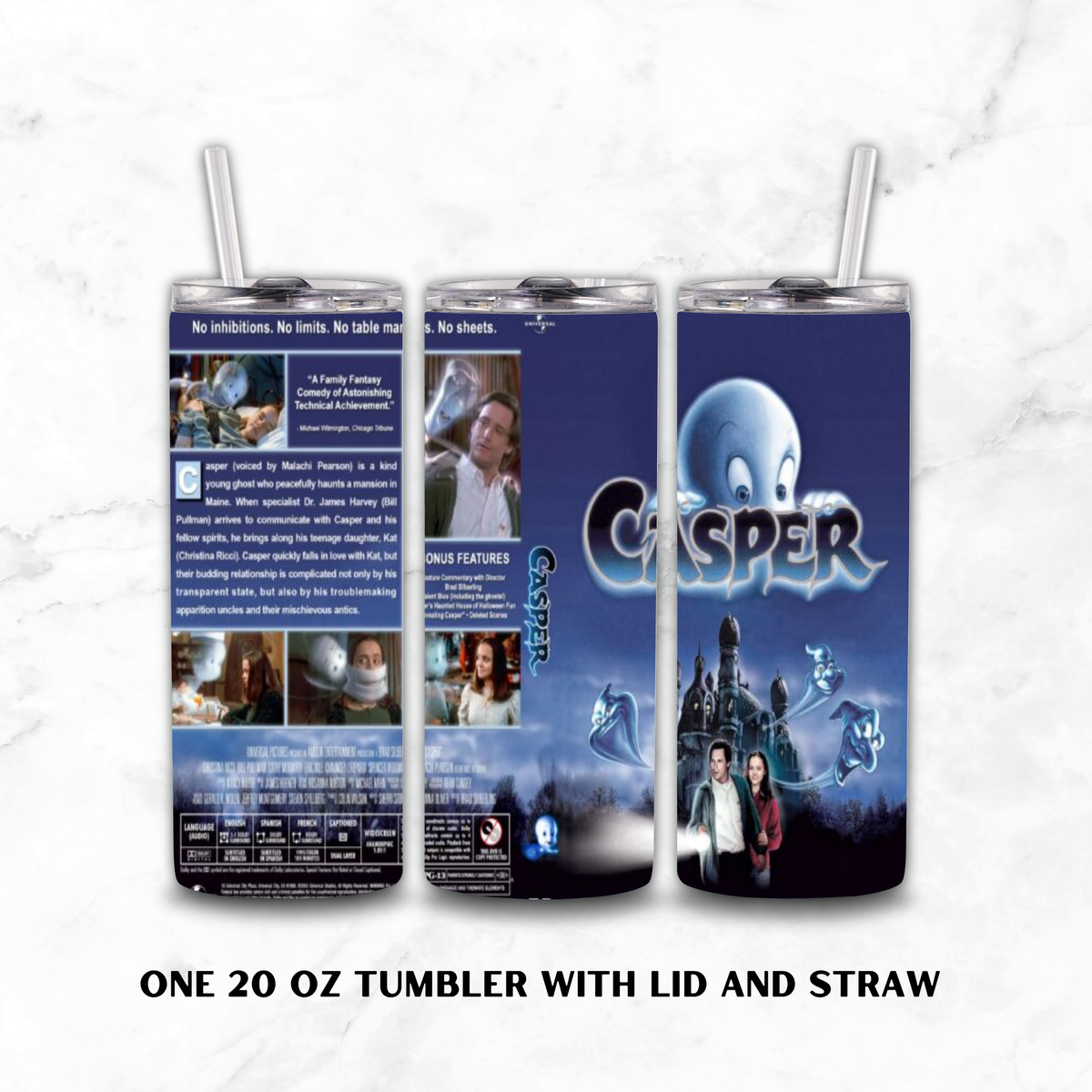 Three views of a 20 oz tumbler with lid and straw shown from three angles on a white marble background. The wrap design features the movie 'Casper' artwork, including Casper the blue ghost, the castle, and character photos.