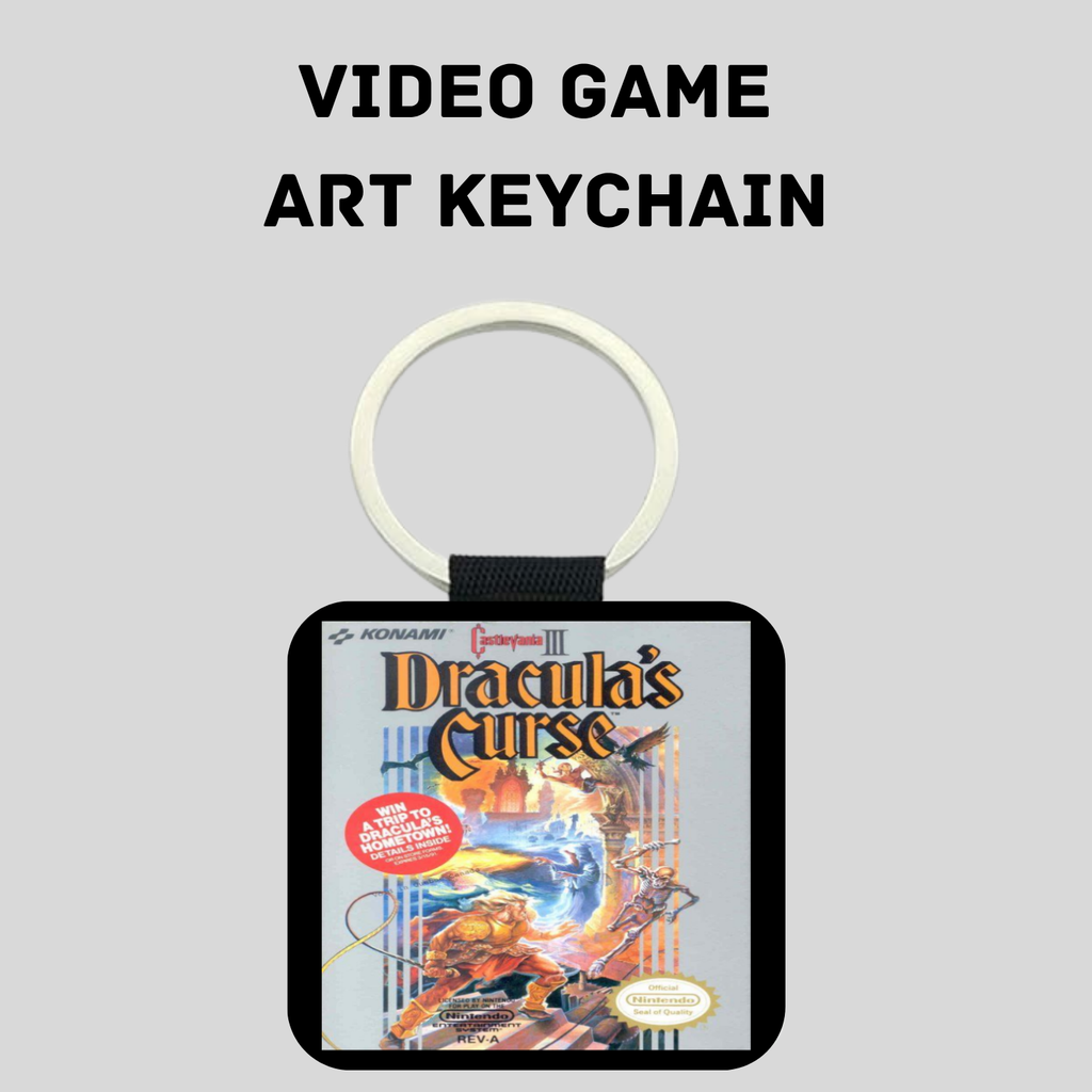 A square metal keychain featuring artwork from the classic video game Castlevania III Dracula's Curse for the Nintendo Entertainment System, complete with a white split ring and black strap, set against a solid gray background with text reading 'VIDEO GAME ART KEYCHAIN'.