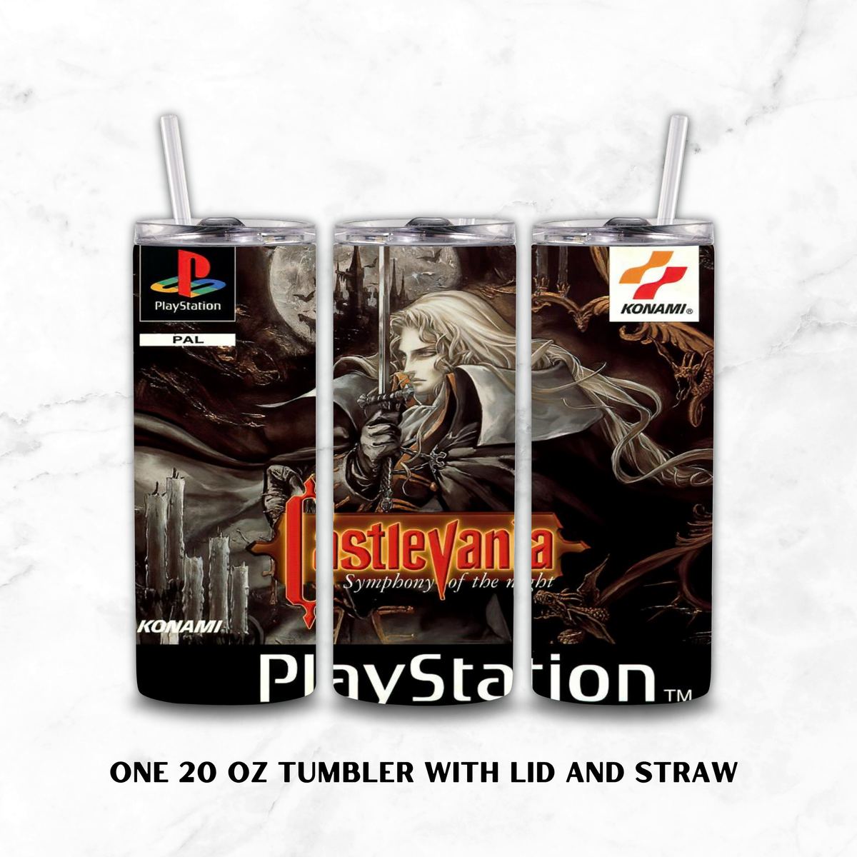 Three views of a 20oz stainless-steel tumbler with Castlevania "Symphony of the night" graphics on a white marble background.