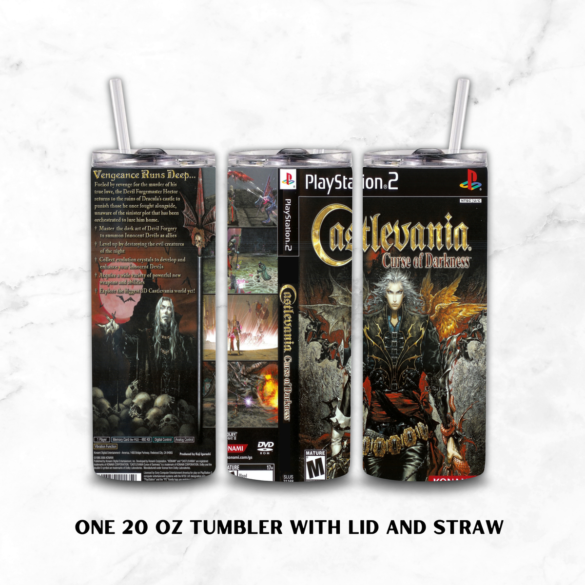 Three views of a 20 oz tumbler with lid and straw, wrapped in a Castlevania: Curse of Darkness themed vinyl skin, displayed on a white marble background with text at the bottom.