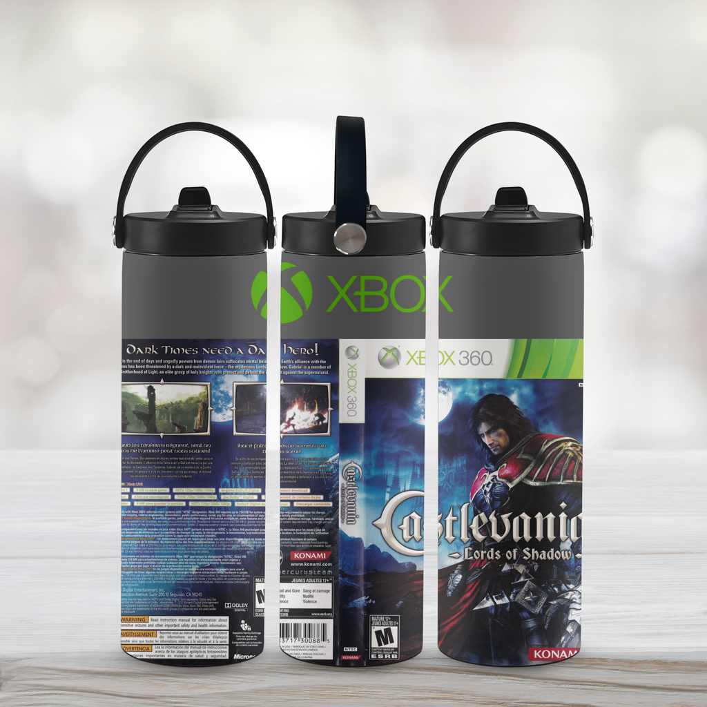 Three sports water bottles with castlevania branding on a light wooden surface.