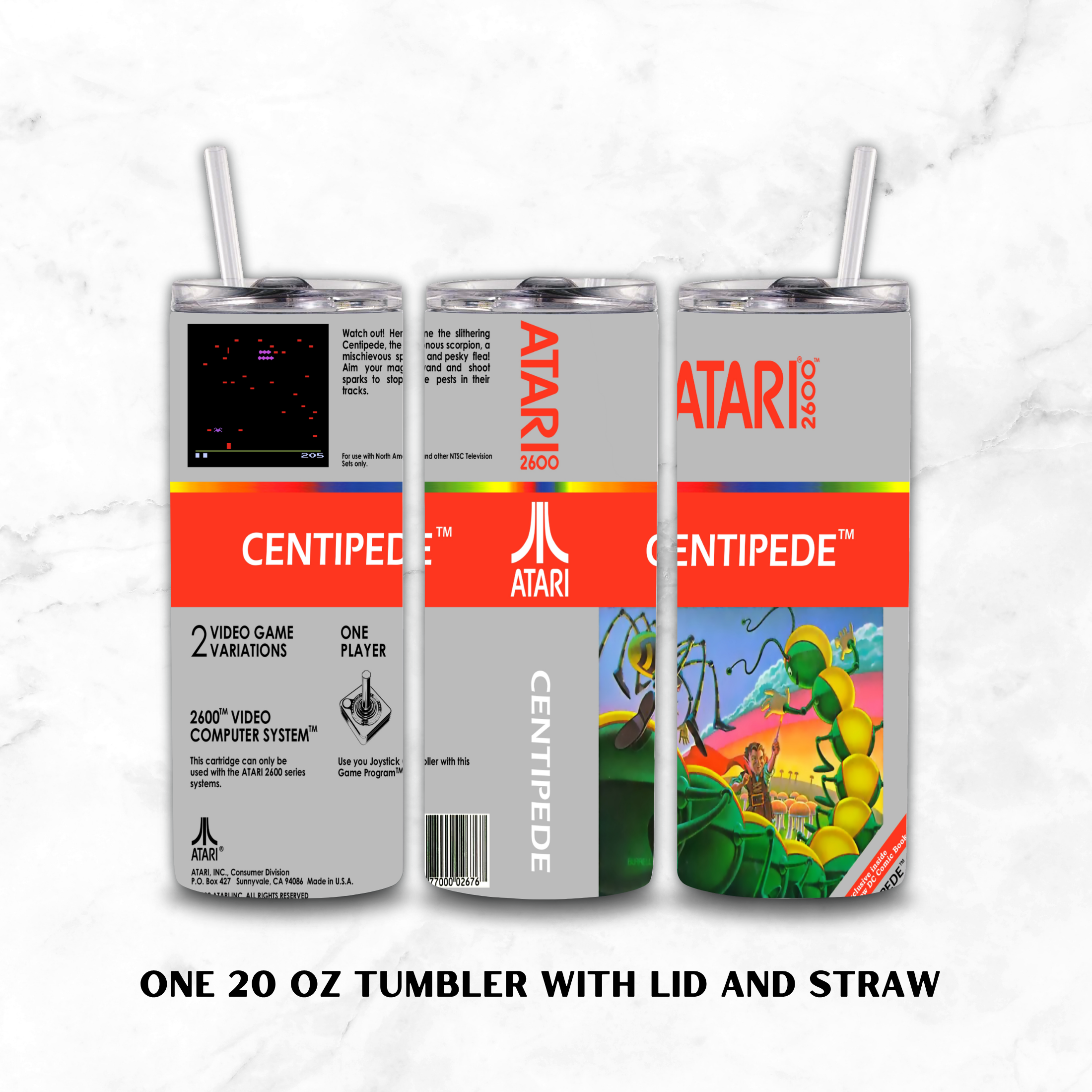 Three views of a 20 oz stainless steel tumbler with lid and straw, featuring retro Atari Centipede video game artwork on a gray background with red, yellow, and blue accents.