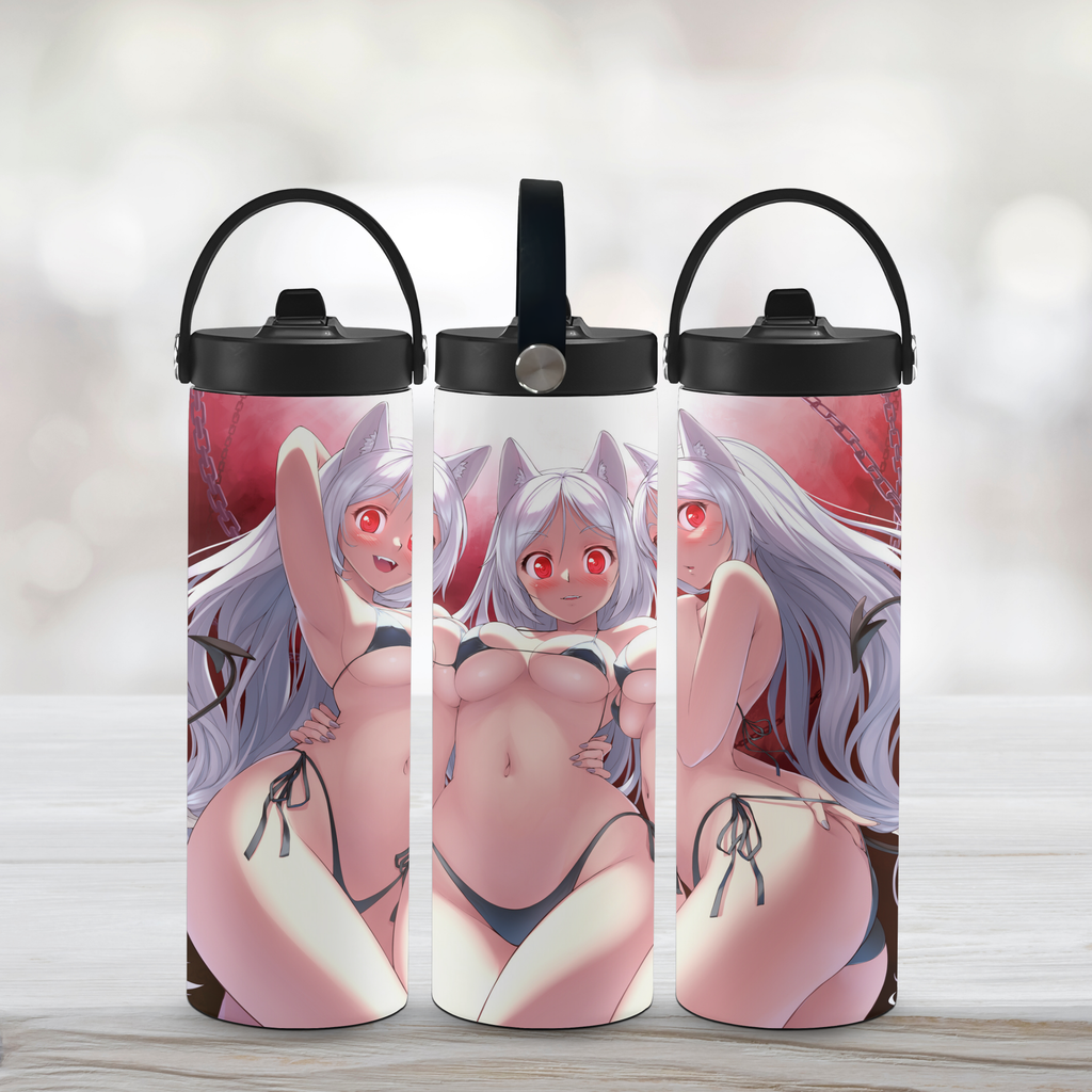 Three sports water bottles with anime character Cerberus of Helltaker with a white background.