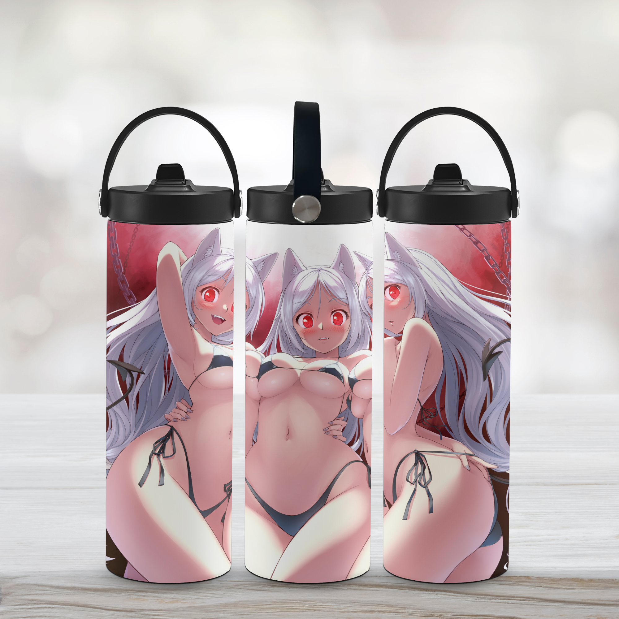Three sports water bottles with anime character Cerberus of Helltaker with a white background.