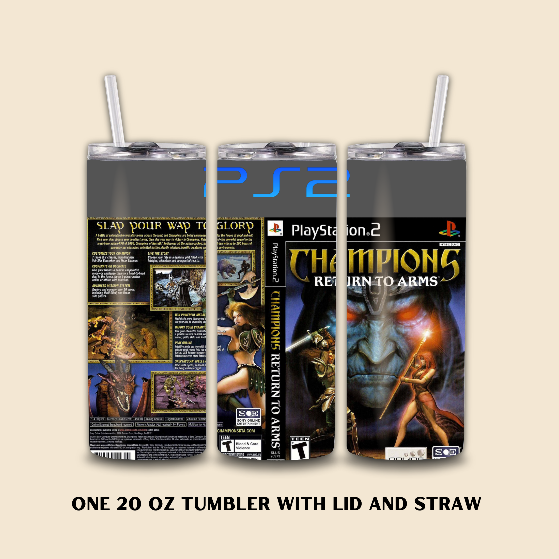 Three PlayStation 2 'Champions: Return to Arms' themed tumblers with lids and straws on a beige background.