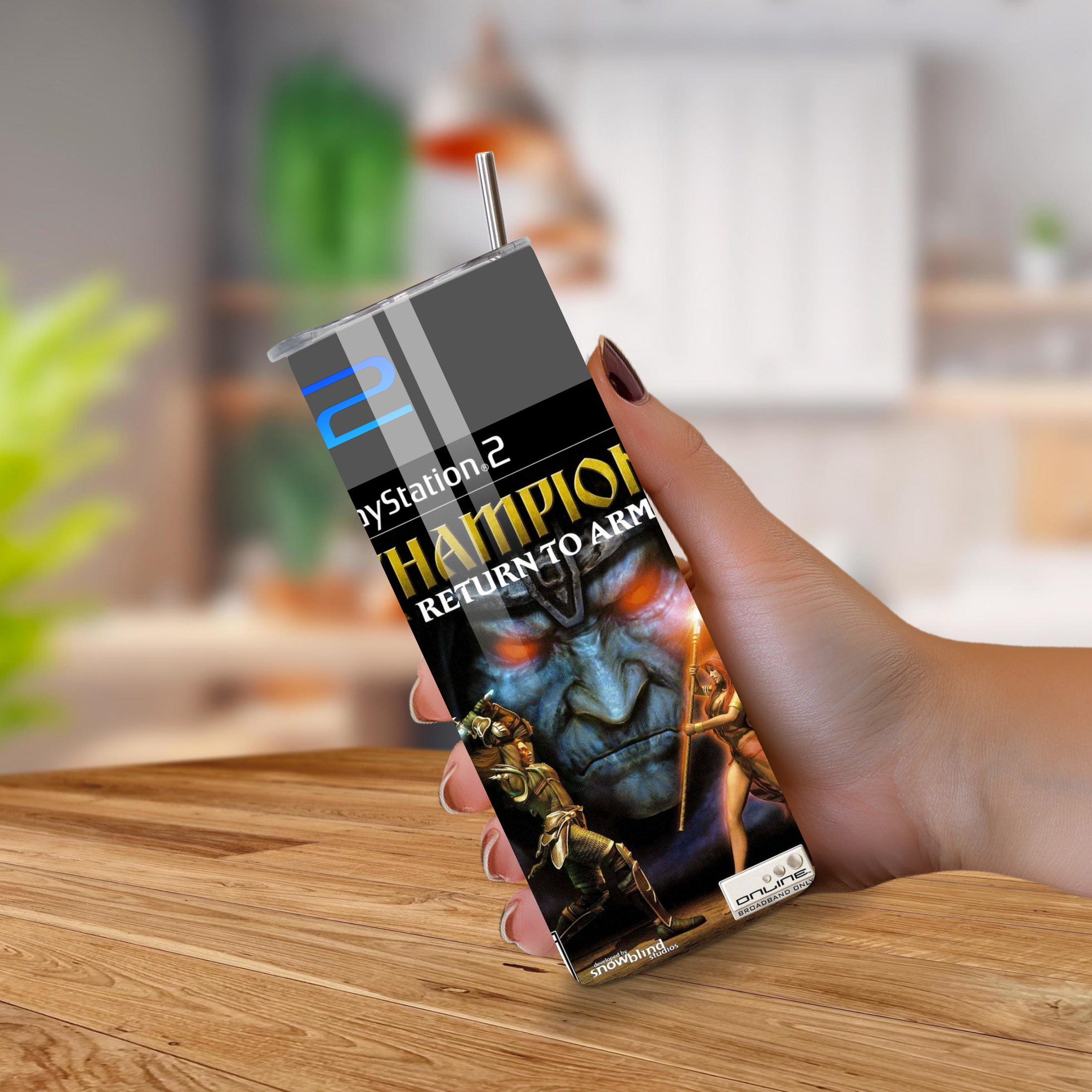 Hand holding a 20oz Tumbler with 'Champions: Return to Arms' branding on a wooden surface