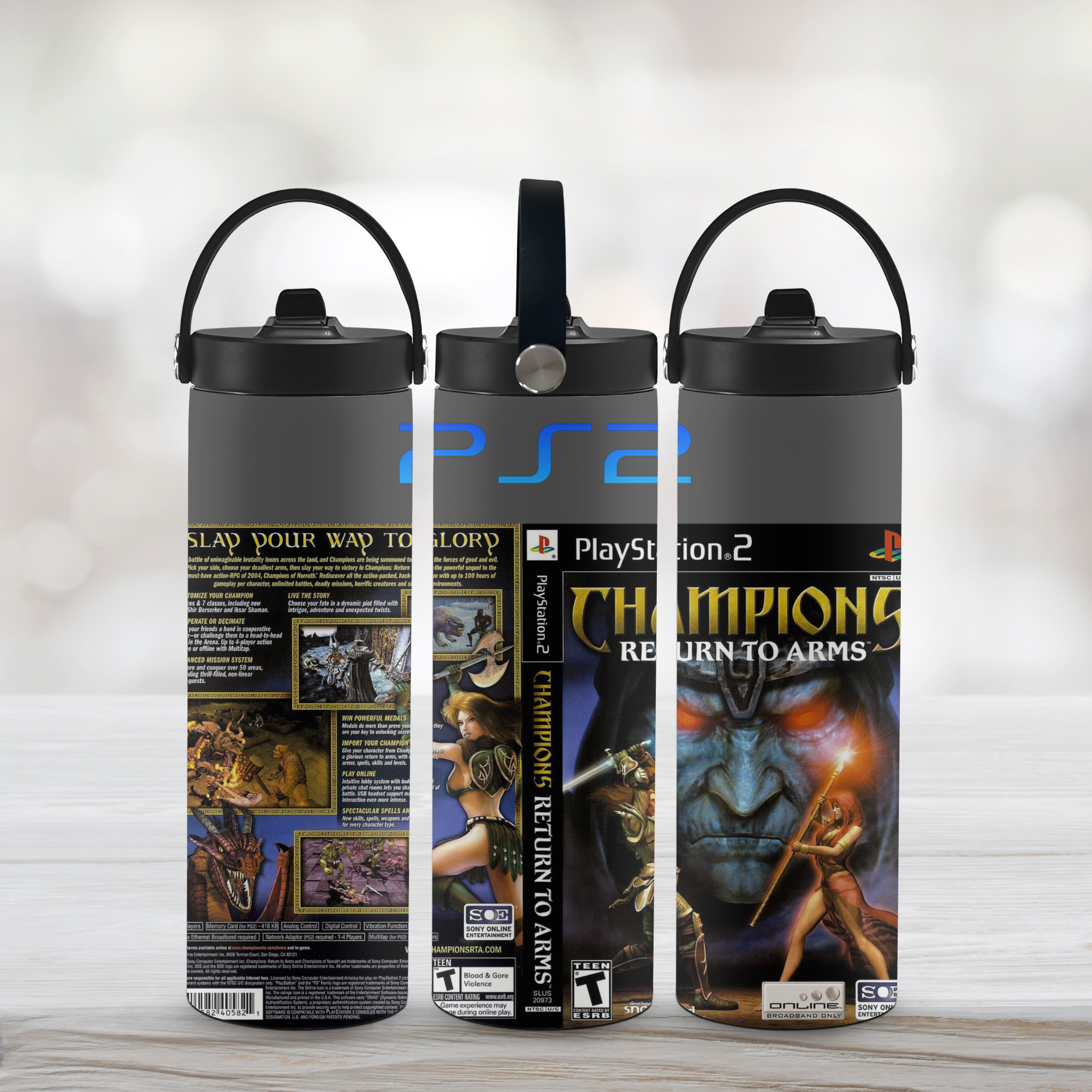 Three sports water bottles with 'PlayStation 2 Champions: Return to Arms' design on a light background