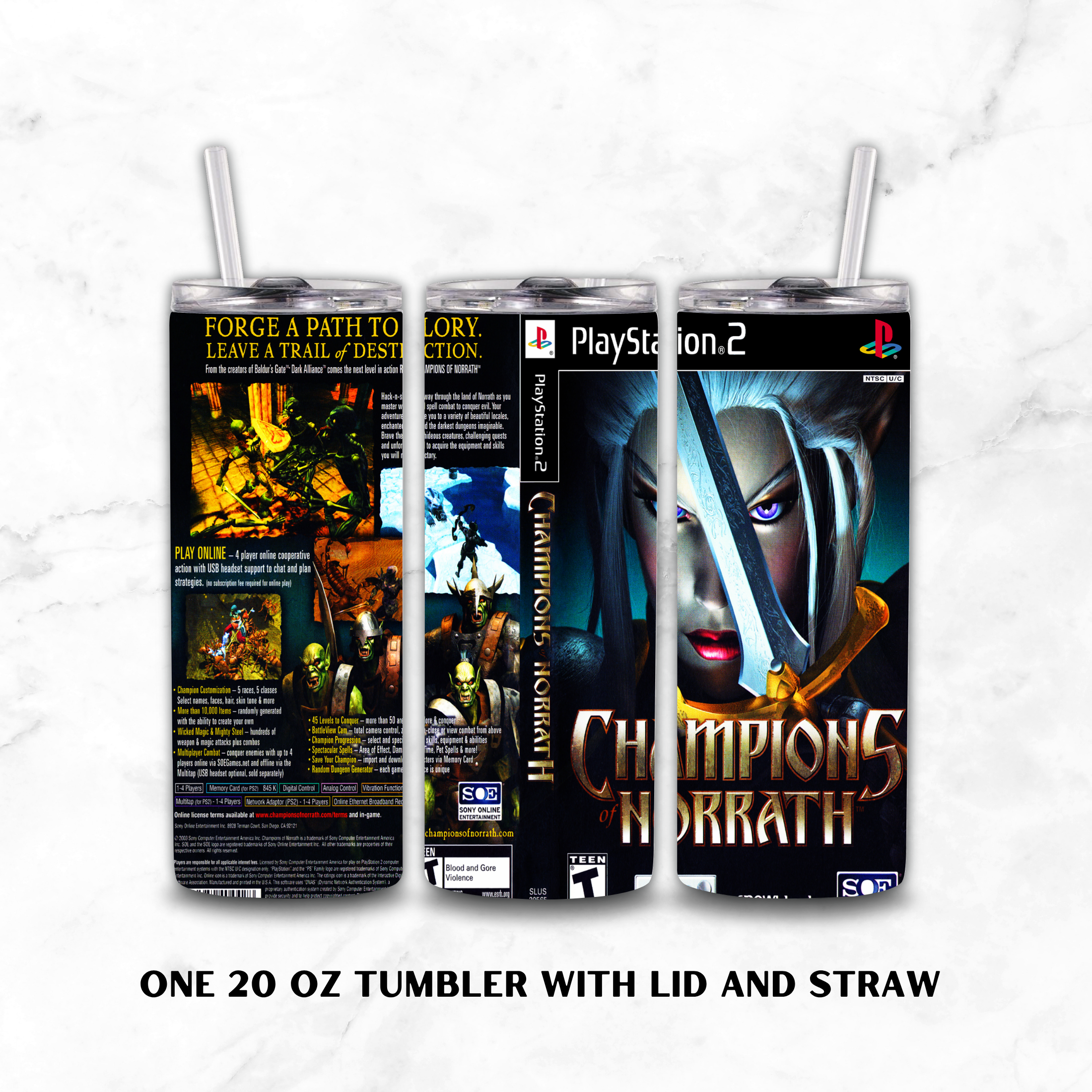 Three views of a 20 oz tumbler with lid and straw, featuring a Champions of Norrath PlayStation 2 themed wrap design, displayed on a white marble background.