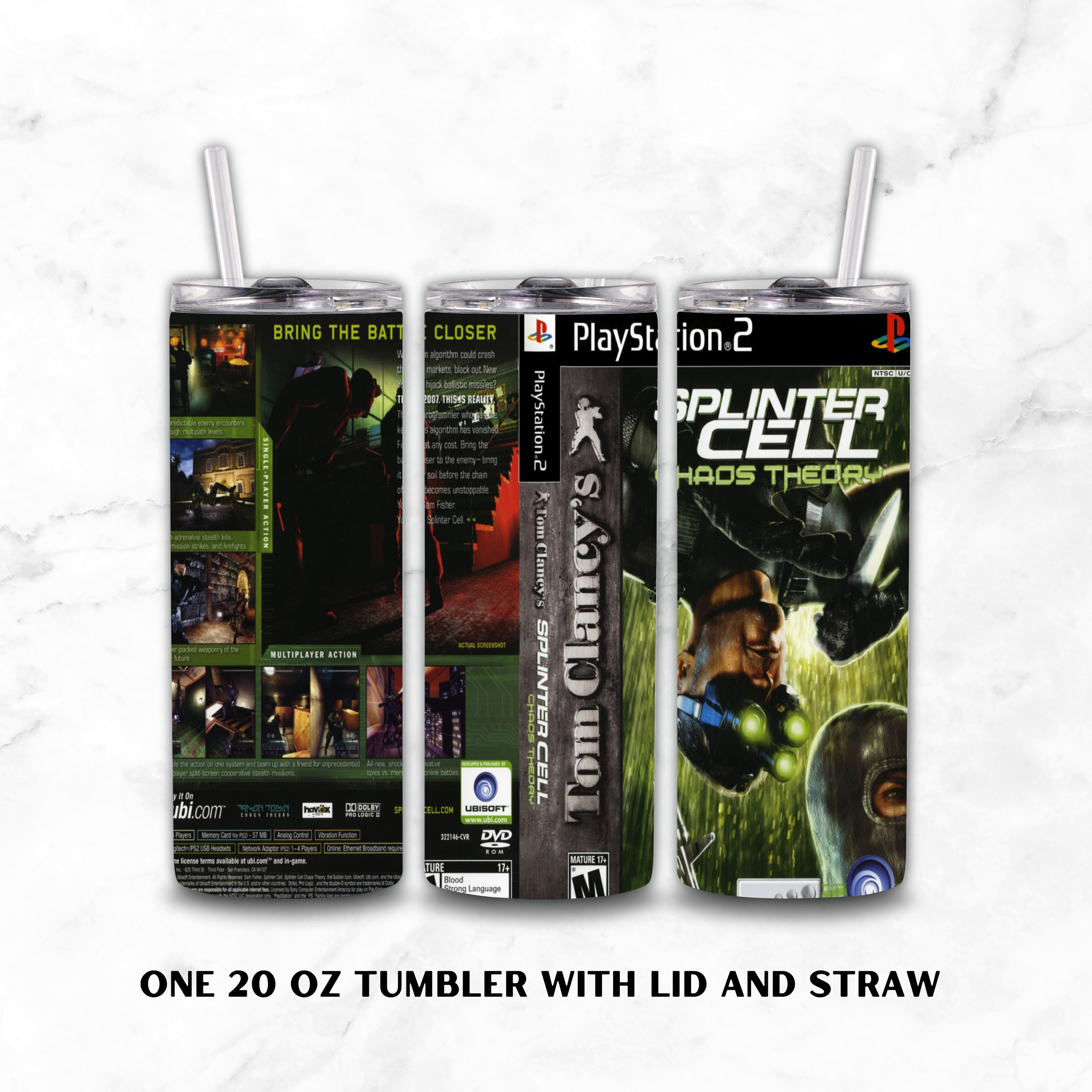 Three views of a 20 oz tumbler with lid and straw, featuring a custom Splinter Cell / Tom Clancy's Chaos Theory PlayStation 2 themed wrap design, shown on a white marble background.
