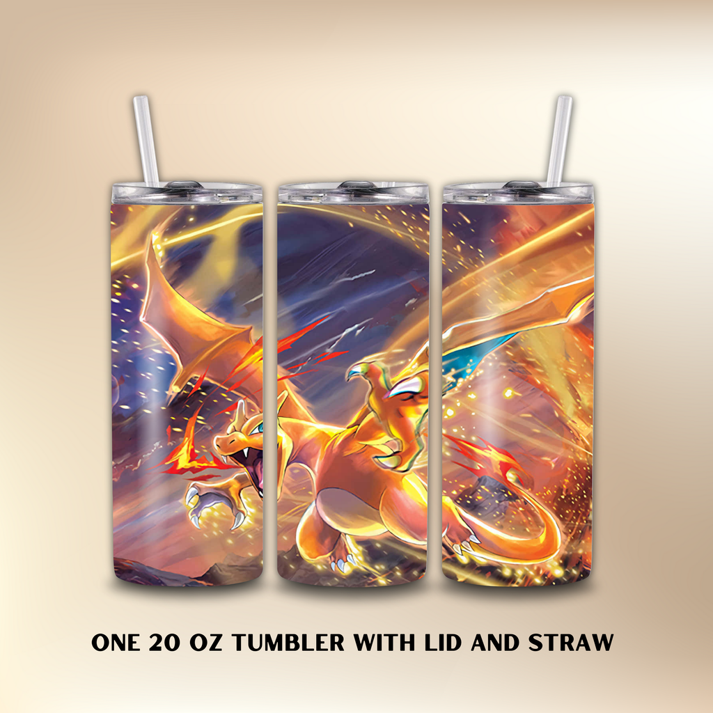20 oz tumbler with Charizard dragon design and text 'One 20 oz tumbler with lid and straw' on a beige background