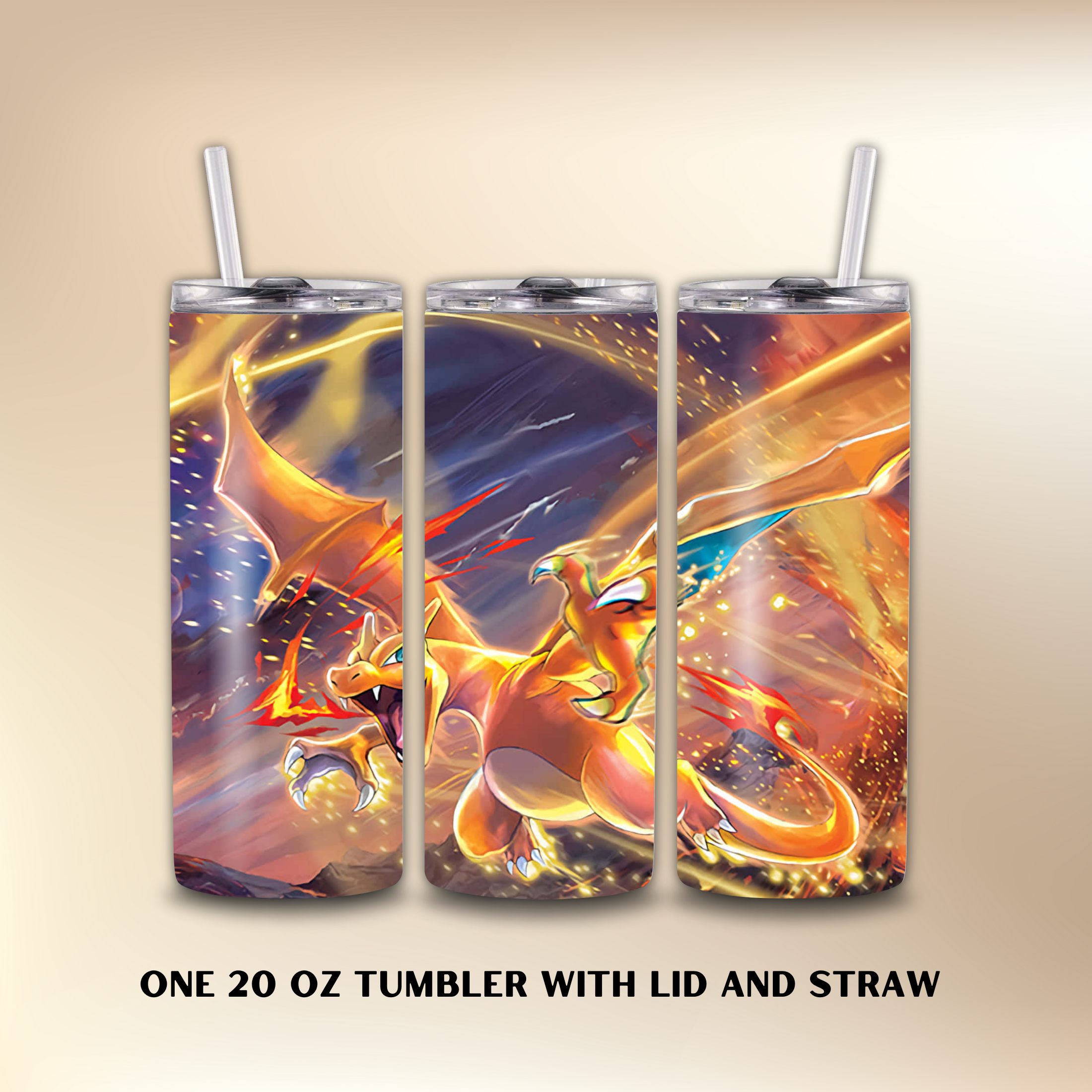 20 oz tumbler with Charizard dragon design and text 'One 20 oz tumbler with lid and straw' on a beige background