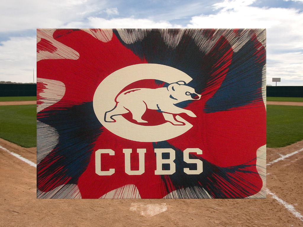 Chicago Cubs Spin Art canvas wall art on a baseball field.
