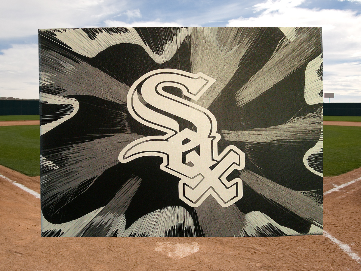Chicago White Sox Spin Art canvas wall art with a baseball field background.