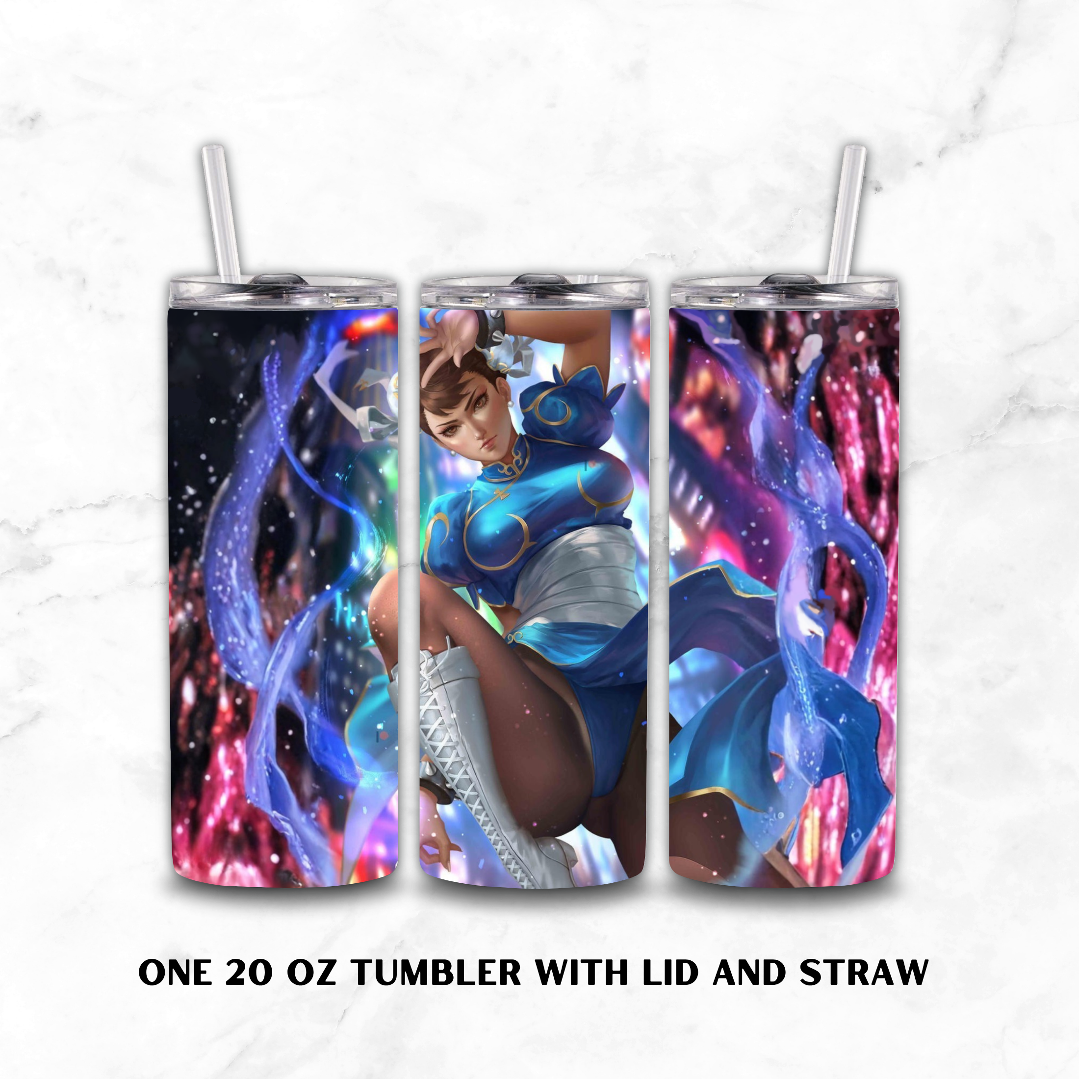 Three views of a 20 oz insulated tumbler with lid and straw, featuring a colorful anime Chun-Li character print in blue, pink, purple, and black on a white marble background.