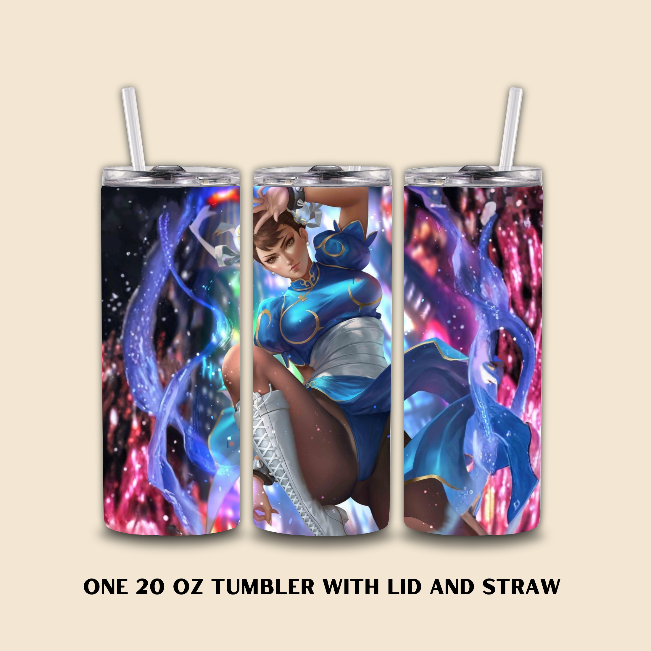3 20oz tumblers with Chun-Li Street Fighter design on a beige background