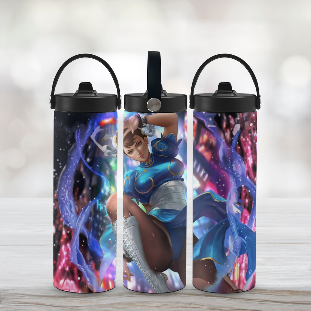 Three sports water bottles with a Street Fighter Chun-Li design on a light background