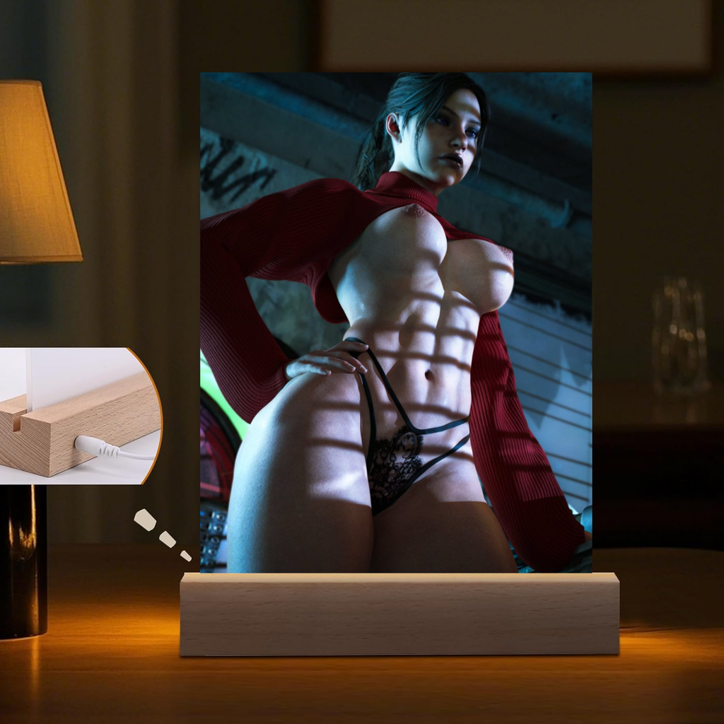 LED night light of Claire Redfield from Resident Evil with a lamp in the background.