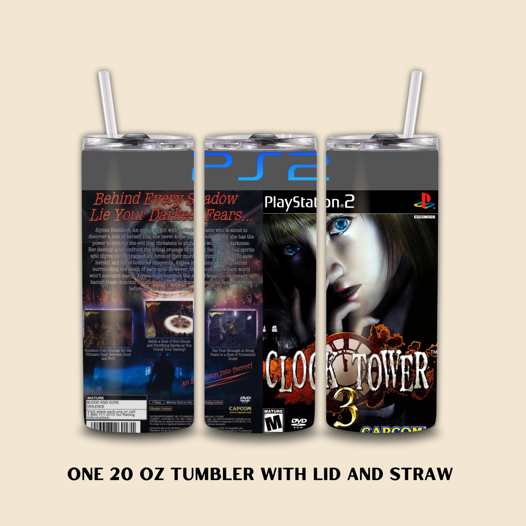 PlayStation 2 'Clock Tower 3' tumbler with lid and straw on a beige background