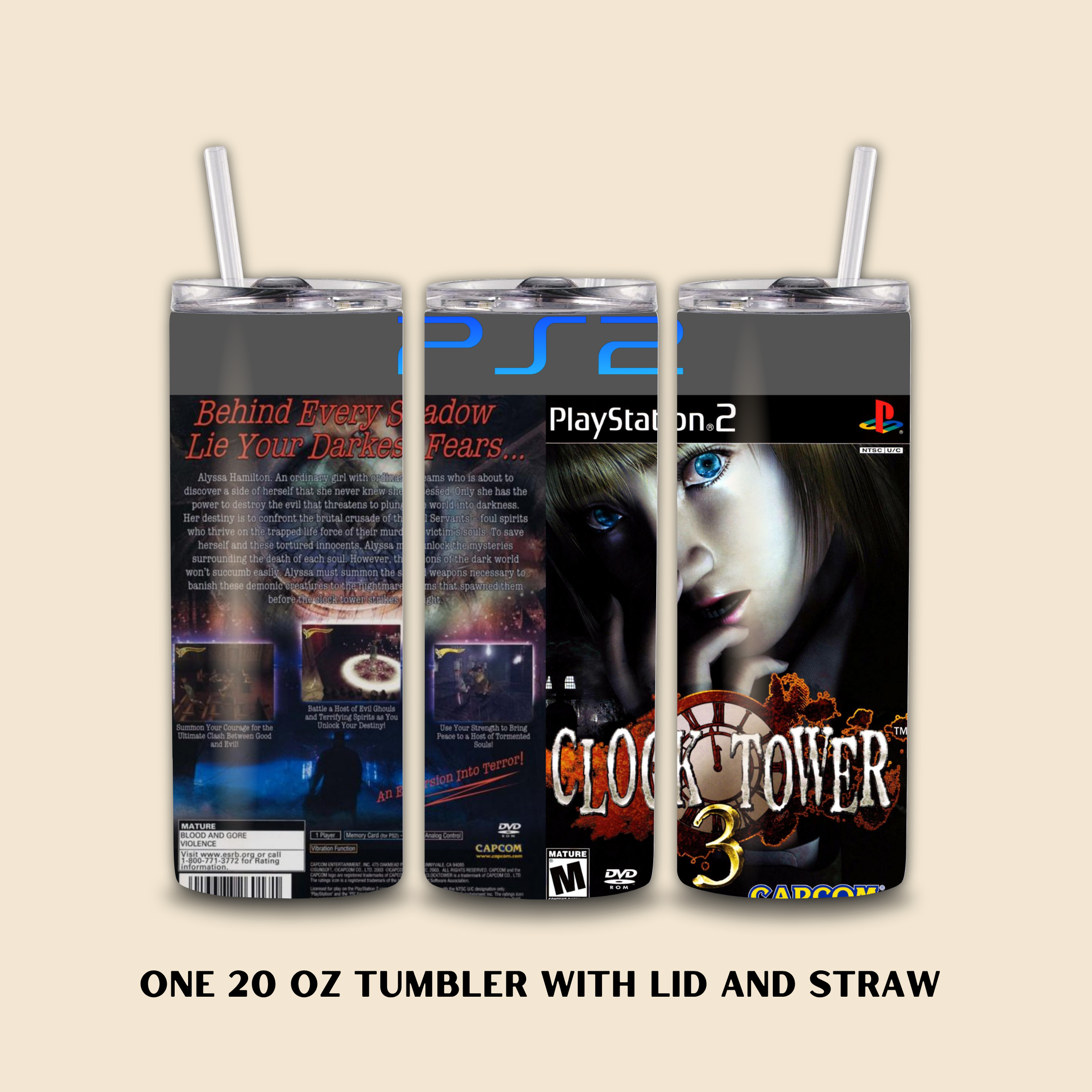 PlayStation 2 'Clock Tower 3' tumbler with lid and straw on a beige background