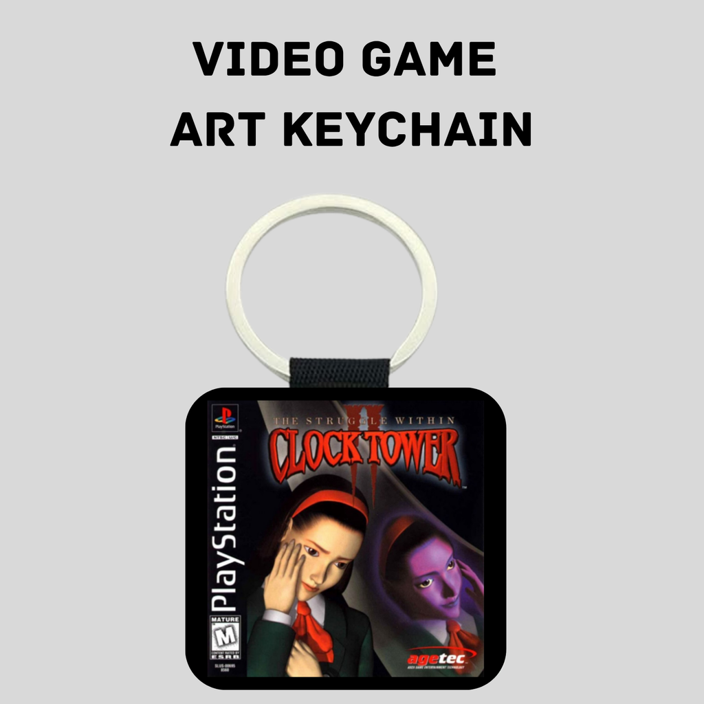 A square video game art keychain featuring Clock Tower II artwork with PlayStation branding, attached to a white split ring on a light gray background with the text 'VIDEO GAME ART KEYCHAIN' above it.