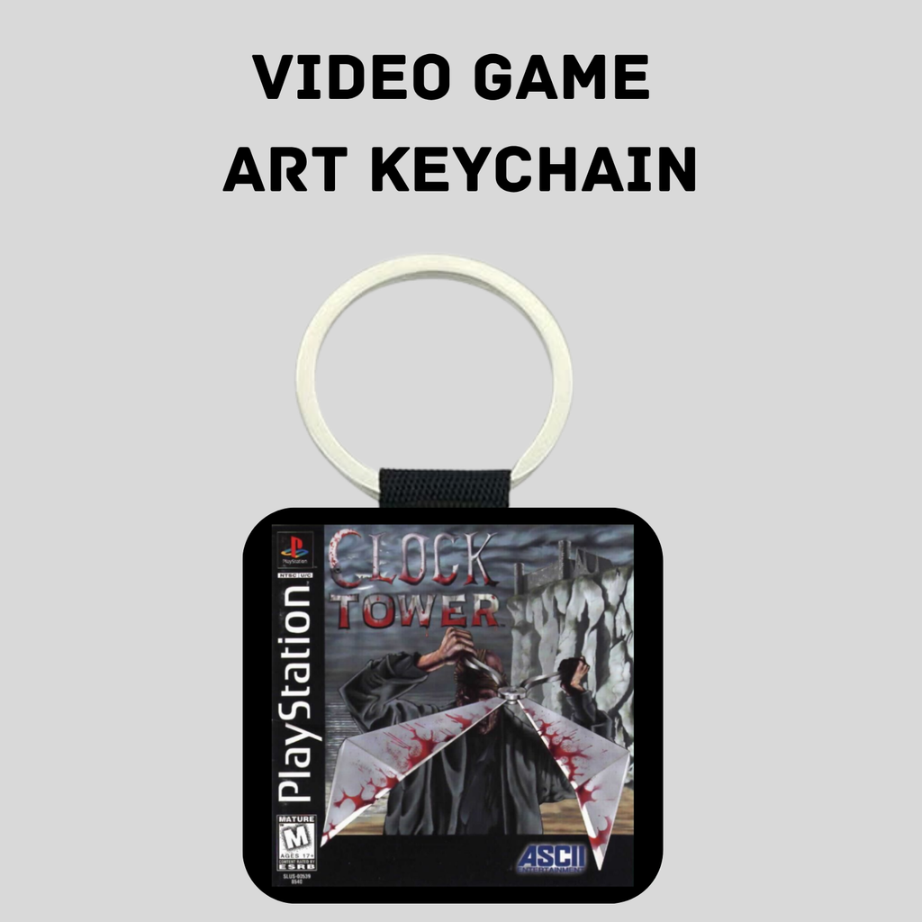 A square keychain featuring artwork from the PlayStation game Clock Tower, suspended from a silver metal ring with a black strap, centered on a light gray background with the text 'VIDEO GAME ART KEYCHAIN' above it.